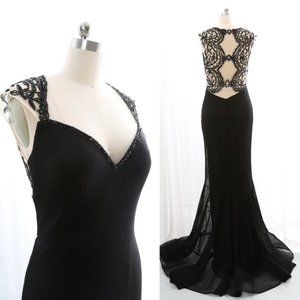 Mermaid Cap Sleeves Beaded Black Prom Dress Formal Evening Gown tb000044